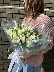 Букет живых цветов из белых тюльпанов в оформленный в дизайнерскую упаковку