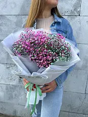 Букет живых цветов из цветной гипсофилы в дизайнерской упаковке