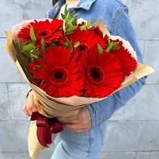 7 Красных гербер с зеленью