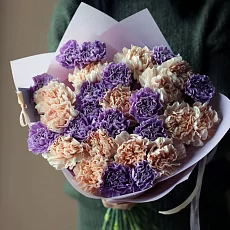 29 Кремово-Сиреневых Гвоздик в упаковке 