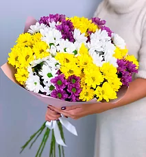 Букет из 15 хризантем микс в оформлении