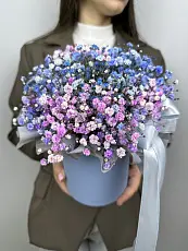 Букет живых цветов с радужной гипсофилой в нежной шляпной коробке