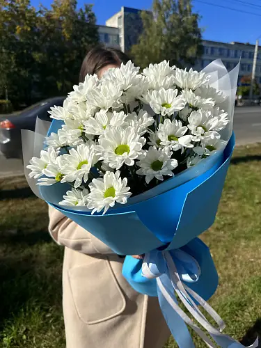 На фото №2 Букет живых цветов из 5 кустовых хризантем оформленный в дизайнерскую упаковку