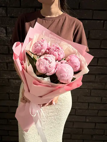 5 Нежных пионов в дизайнерской упаковке 