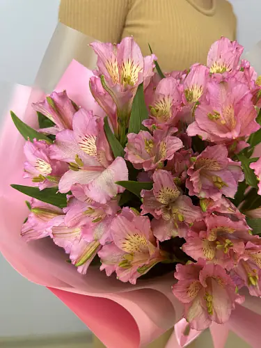 На фото №4 Букет живых цветов из 7 Розовых альстромерий оформленный в дизайнерскую упаковку