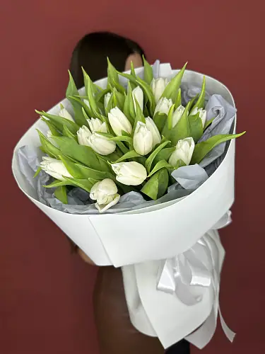 На фото №2 Букет живых цветов из 21 Белого тюльпана в дизайнерской упаковке