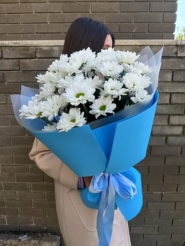 Букет живых цветов из 5 кустовых хризантем оформленный в дизайнерскую упаковку