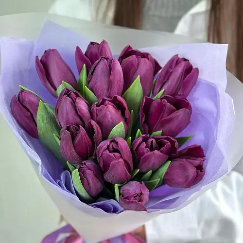 На фото №2 15 Сиреневых тюльпанов в нежной упаковке