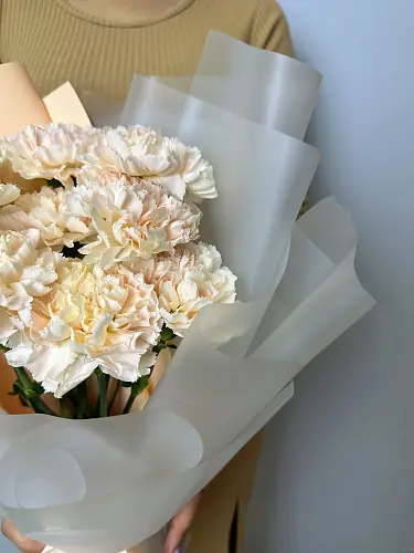 На фото №5 Букет живых цветов из 9 диантусов оформленный в дизайнерскую упаковку