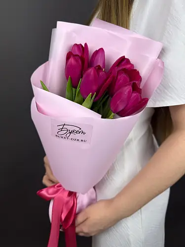 На фото №4 7 Малиновых Тюльпанов в упаковке 
