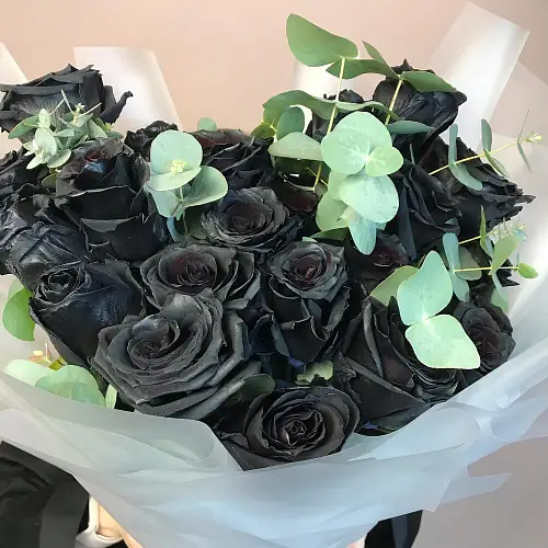 На фото №2 25 Черных роз с эвкалиптом 
