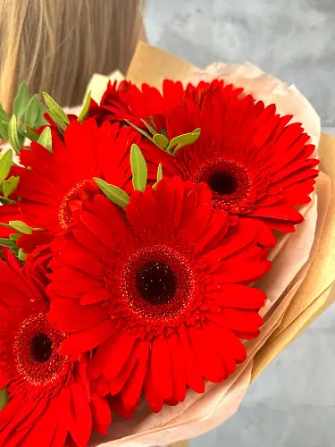 На фото №7 Букет живых цветов из 7 Красных гербер с зеленью в дизайнерской упаковке