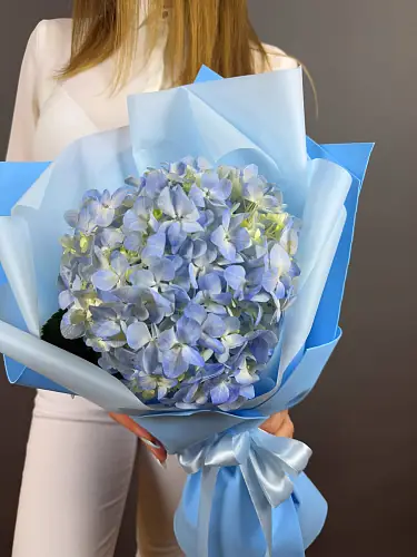 На фото №5 Букет живых цветов из голубой гортензии оформленный в дизайнерскую упаковку