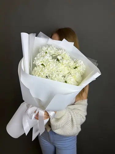 На фото №3 11 Белых гвоздик в упаковке