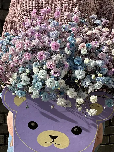 На фото №4 Букет живых цветов с радужной гипсофилой микс в сумочке нежного цвета