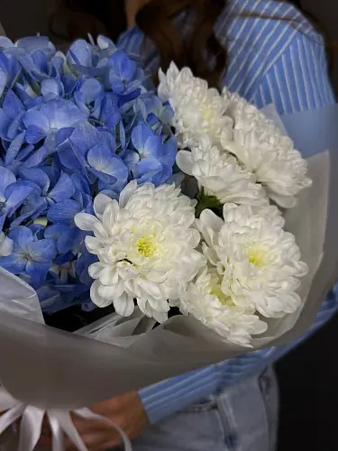 На фото №3 Нежный Букет Живых Цветов с голубой гортензией и кустовой хризантемой 