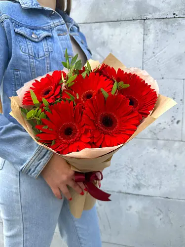 На фото №8 7 Красных гербер с зеленью