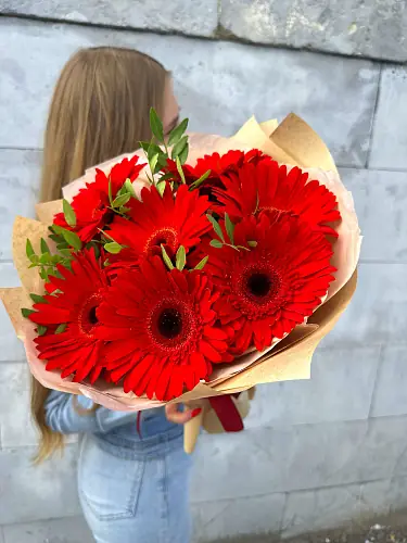 На фото №5 Букет живых цветов из 7 Красных гербер с зеленью в дизайнерской упаковке