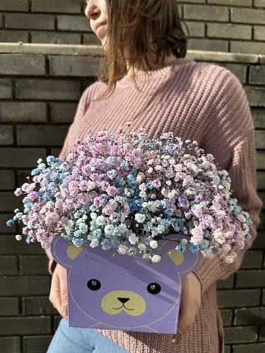На фото №3 Букет живых цветов с радужной гипсофилой в сумочке