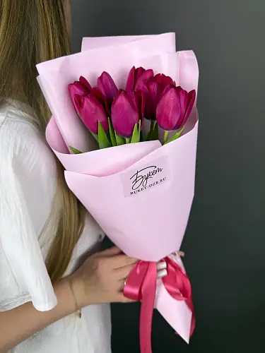 На фото №2 7 Малиновых Тюльпанов в упаковке 
