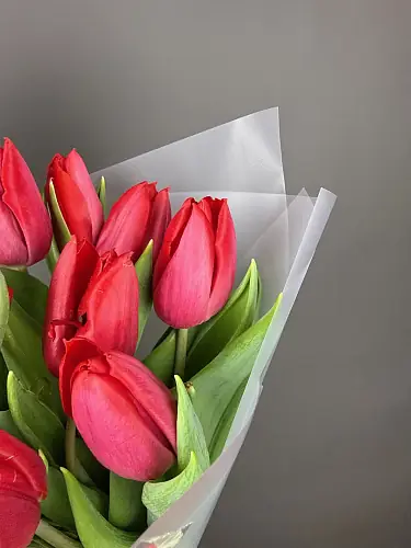 На фото №4 Букет из 11 рубиновых тюльпанов