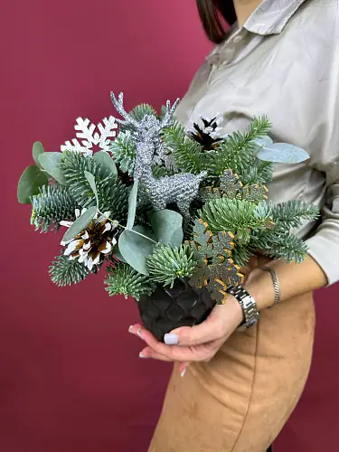 На фото №3 Цветы живые, Новогодняя композиция с нобилисом и оленем в шляпной коробке